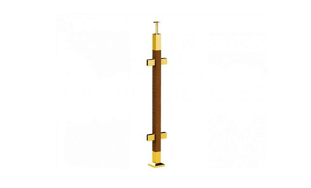 Готовая стойка 40х40х950 мм, деревянная, со вставками из нержавеющей стали 2х100 мм с 4 зажимными стеклодержателями, под золото k740-3-G