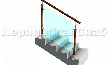 Ограждение с круглым деревянным поручнем с зажимными стеклодержателями и стойками с деревянными вставками в Волгограде. Готовые проекты ПерилаГлавСнаб