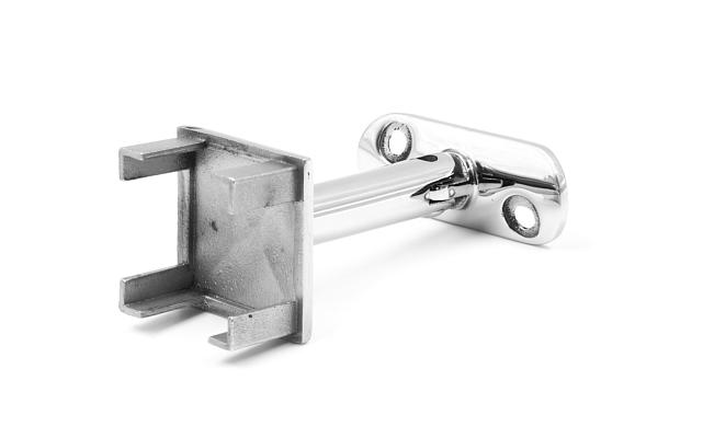 Наконечник палец на стойку из профильной трубы 40х40 мм, с регулируемым ложементом под поручень Ø50.8 мм, полированный, литой, облегченный нержавеющий AISI 304 k239-3 4