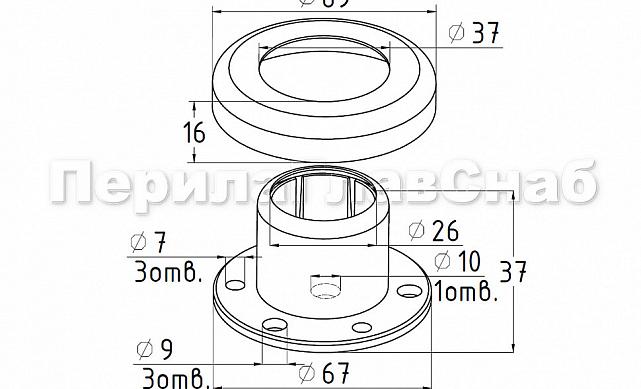 Цанга под трубу Ø25.4 мм, полированная #600, AISI 304, 3 отв. Ø7 мм, 3 отв. Ø9 мм, k343 2