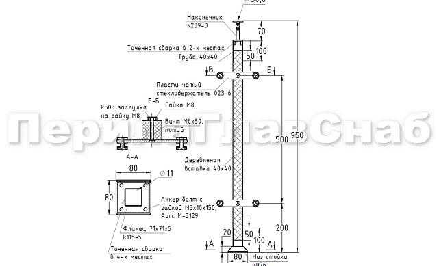 Готовая стойка 40х40х950 мм, деревянная, со вставками из нержавеющей стали 2х100 мм с 2 пластинчатыми стеклодержателями, под золото k740-2-G 2
