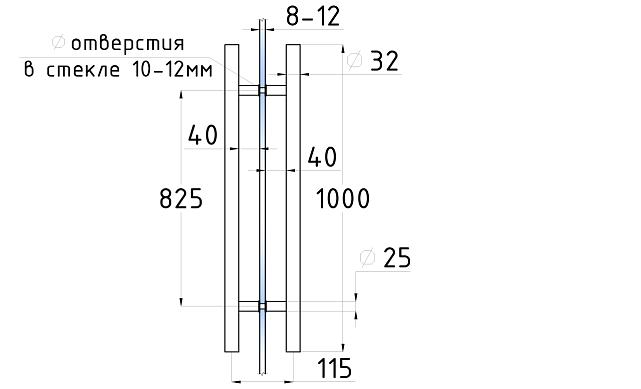 Ручка для стеклянной двери рейлинг двухсторонняя для стекла 8-12 мм, 32х825х1000 мм, шлифованная t633-1000 SSS  3