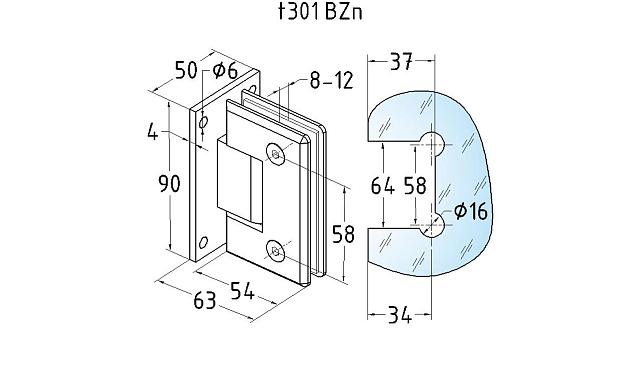 Петля для душевой кабины стена-стекло 90°, 90*55, цинк, черн. t301 BZn 2