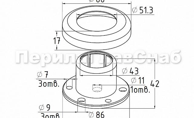 Цанга под трубу Ø42.4 мм, полированная #600, AISI 304, 3 отв. Ø7 мм, 3 отв. Ø9 мм, k334 2