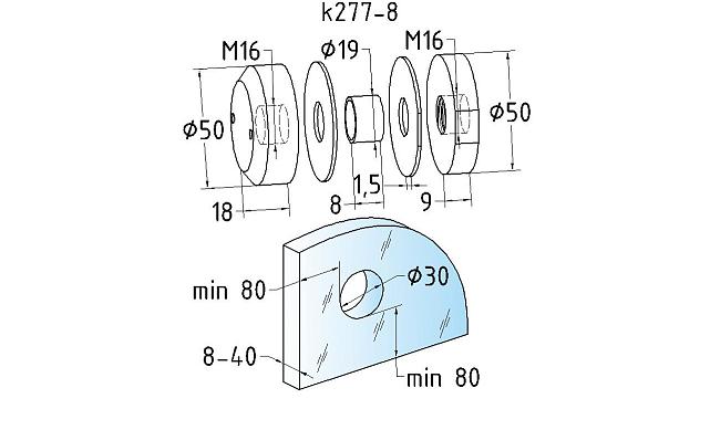 Комплект торцевого крепления несущего стекла, гайка-шайба Ø50х10х18 мм с внутренней резьбой М16, шлифованный AISI 304 k277-8 3