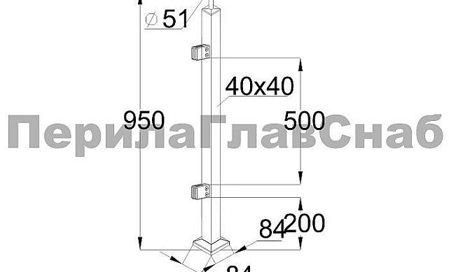 Стойка квадратная 40х40: 2 литых квадратных стеклодержателя, полированная, высота 950 мм (AISI 304) k747-L 2