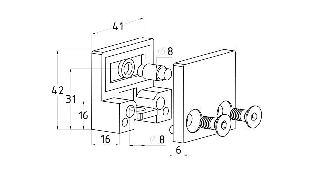 Стеклодержатель литой квадратный с вставками под стекло 8-10 мм, 4+4, на плоскость 41х22х42, полированный (AISI 304) k003-10 3