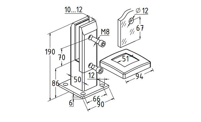 Стеклодержатель литой напольный, плоский 50х50х190 мм, для стекла 10-12 мм, полированный AISI 304, уценка k275-2-У 3