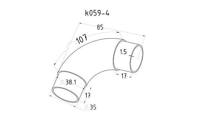 Отвод поручня под Ø38.1х110х1.5 мм, 90°, литой, полированный 600 Grit, с двумя установочными кольцами, (AISI 316) k059-4 2
